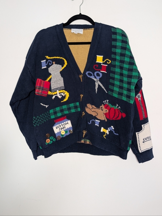 Sweater Loft Sweaters - Vintage Sweater Loft Novelty Cardigan Large Sewing Craft Knit Made USA